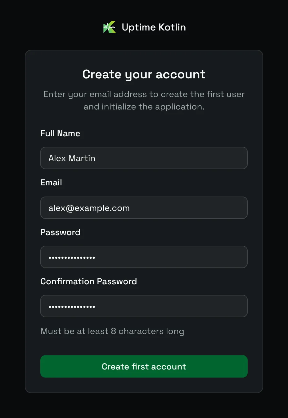 The Create your account form, shown on the first visit