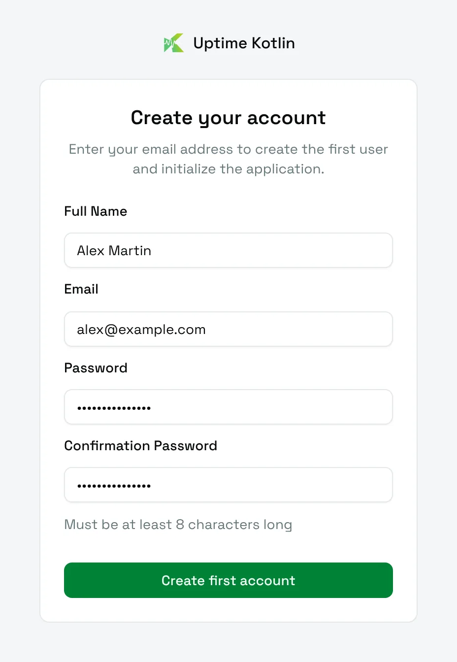 The Create your account form, shown on the first visit