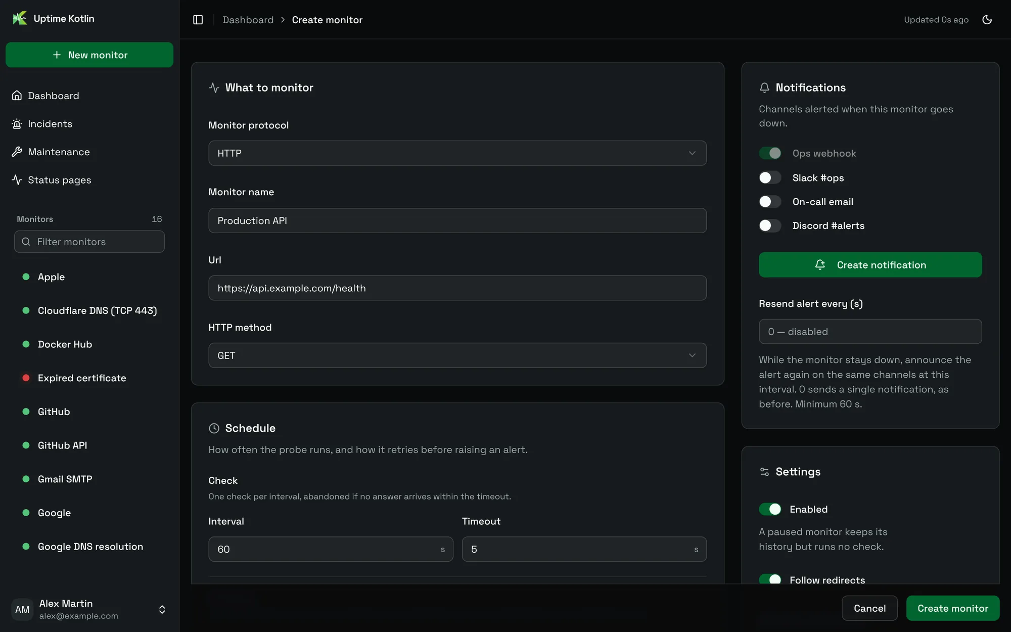 The Create monitor form with the What to monitor, Schedule, Notifications and Settings cards