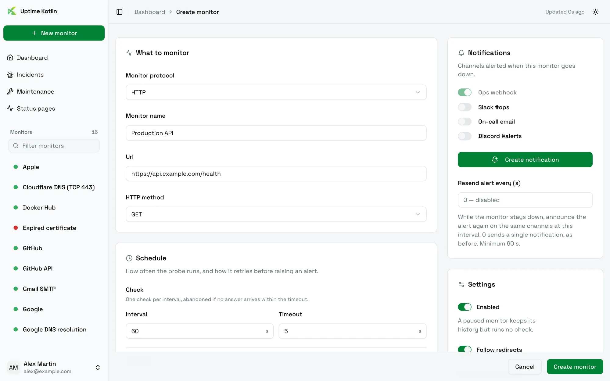 The Create monitor form with the What to monitor, Schedule, Notifications and Settings cards