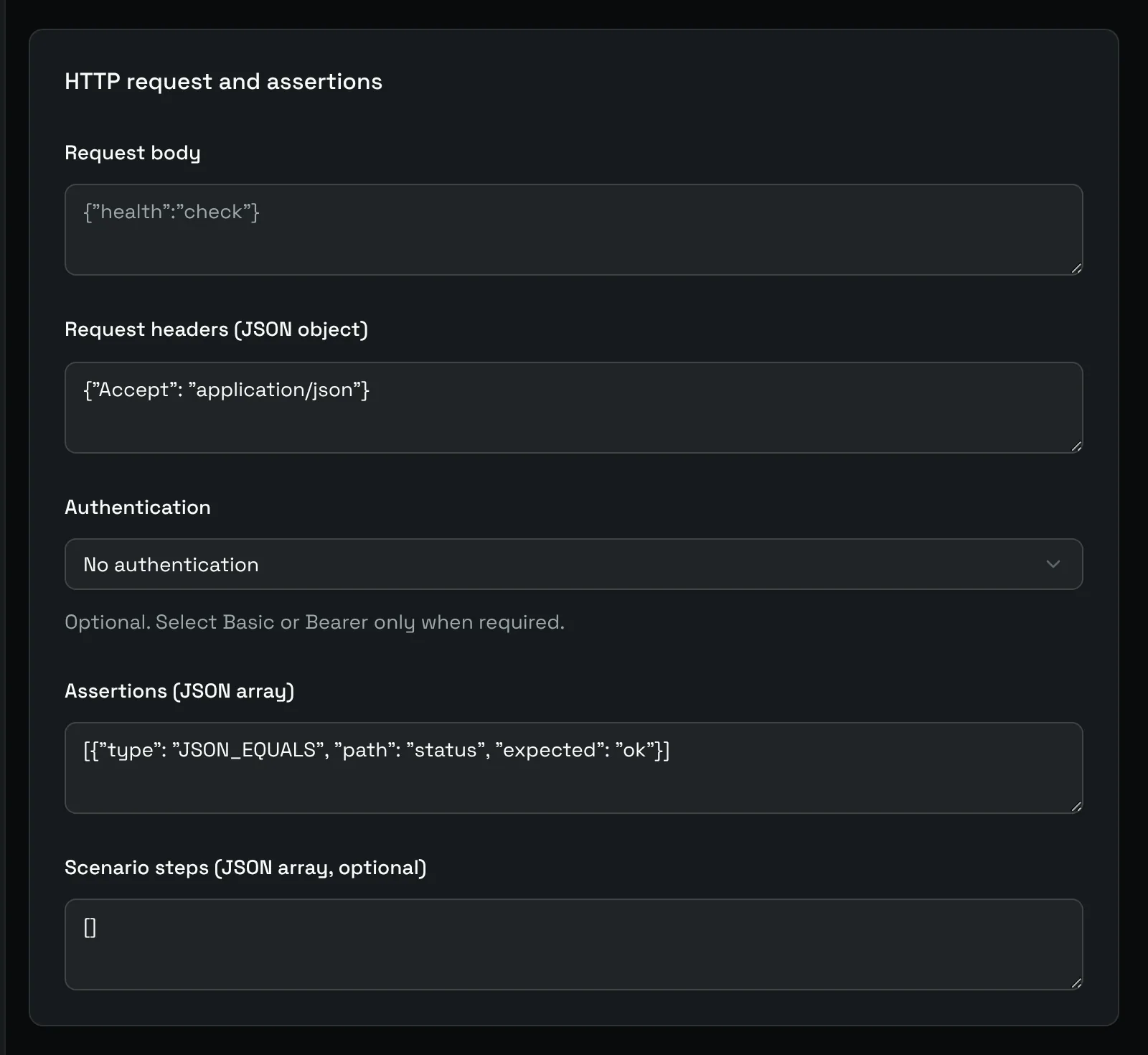 The HTTP request and assertions card