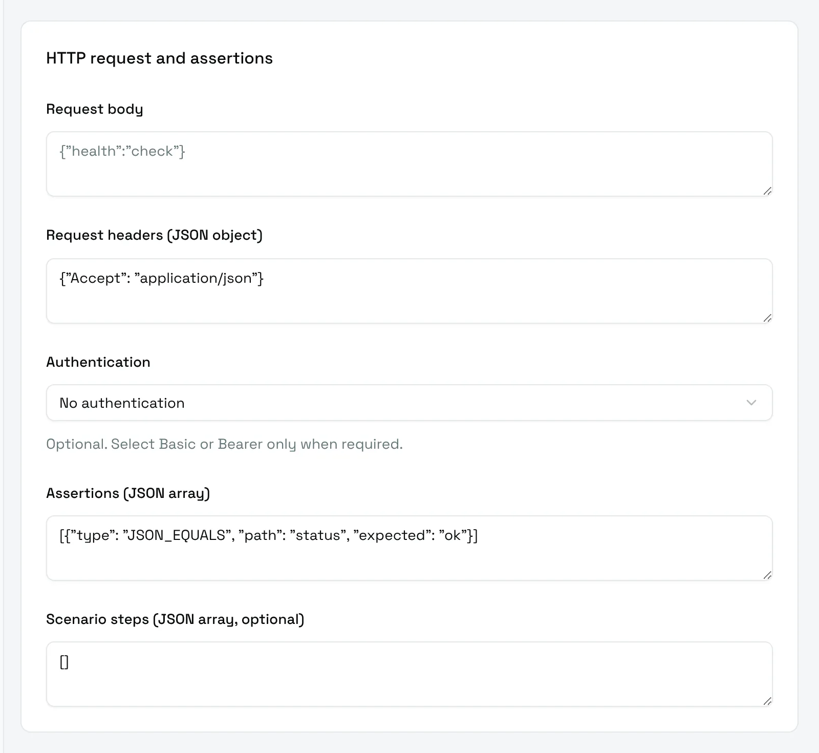 The HTTP request and assertions card