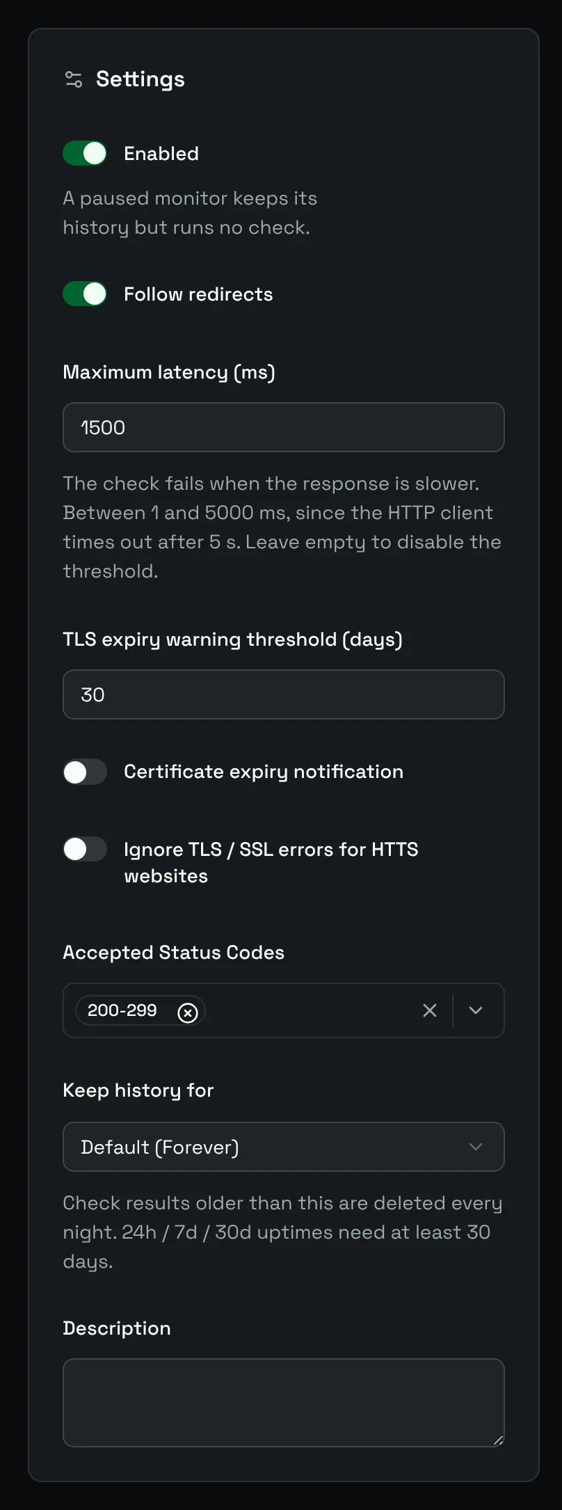 The Settings card of an HTTP monitor