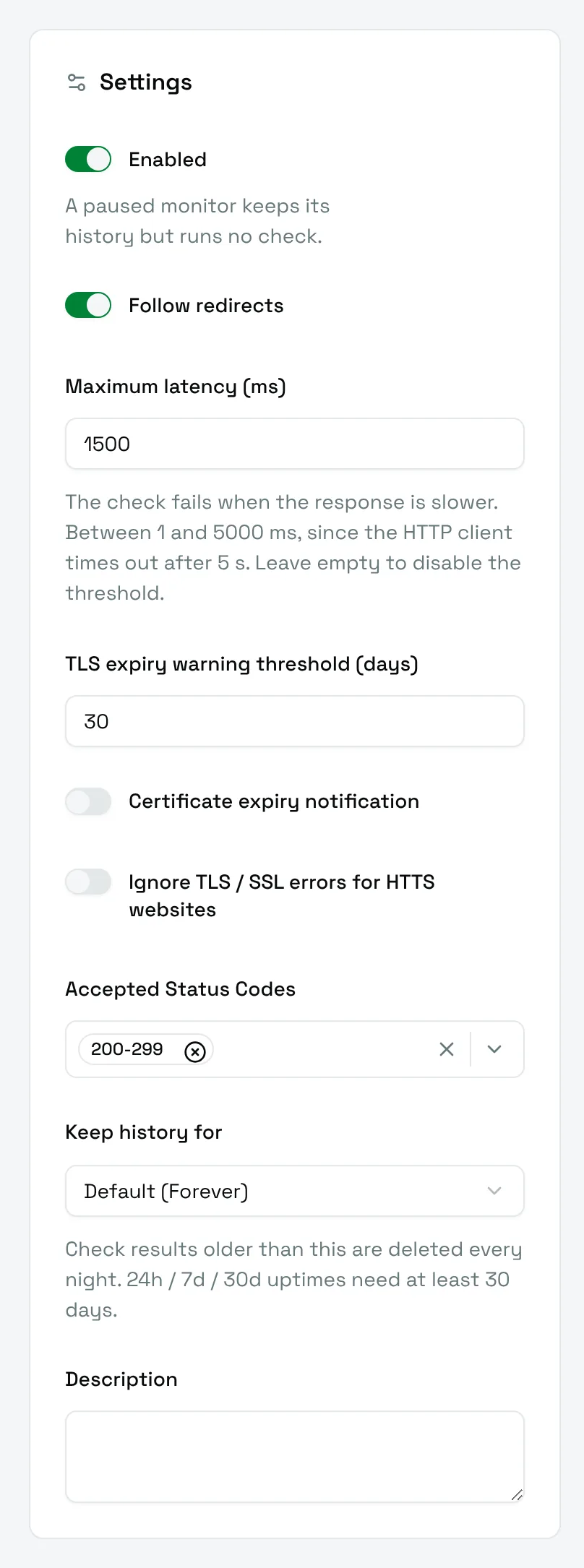 The Settings card of an HTTP monitor