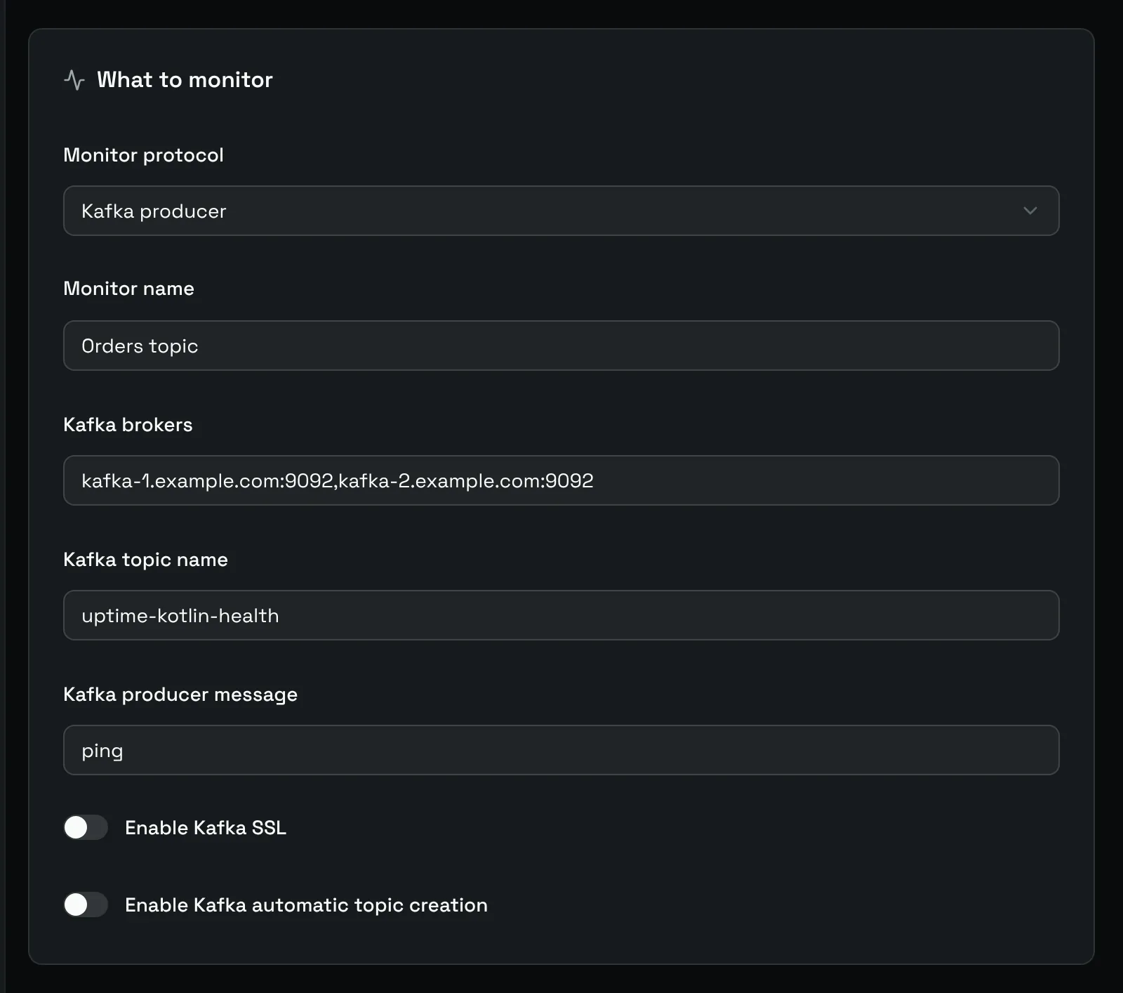 The What to monitor card of a Kafka producer monitor
