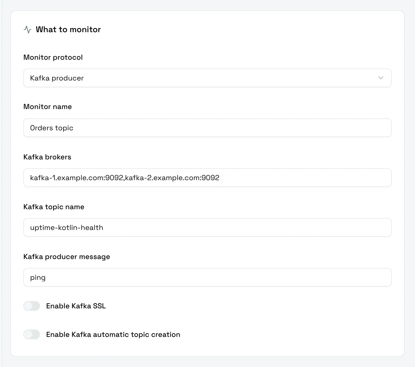The What to monitor card of a Kafka producer monitor