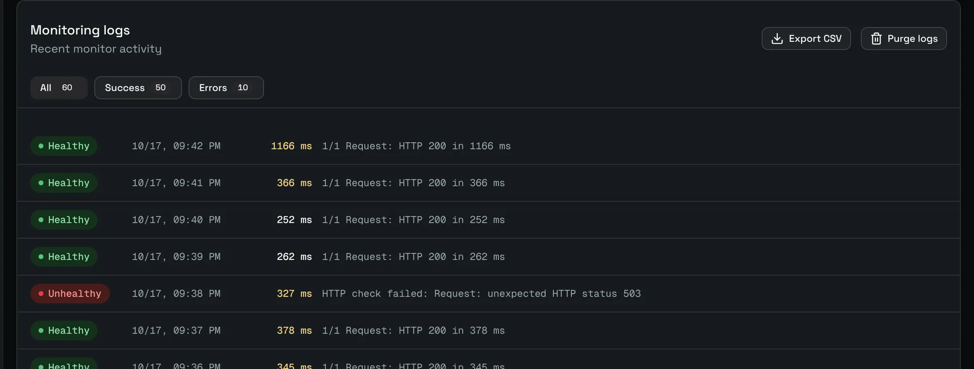 The Monitoring logs of a monitor, filtered on All