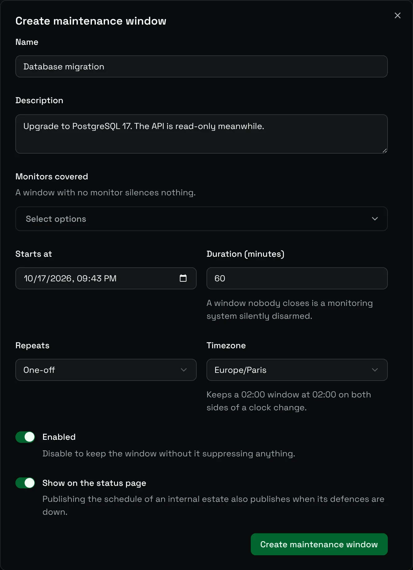 The Create maintenance window form