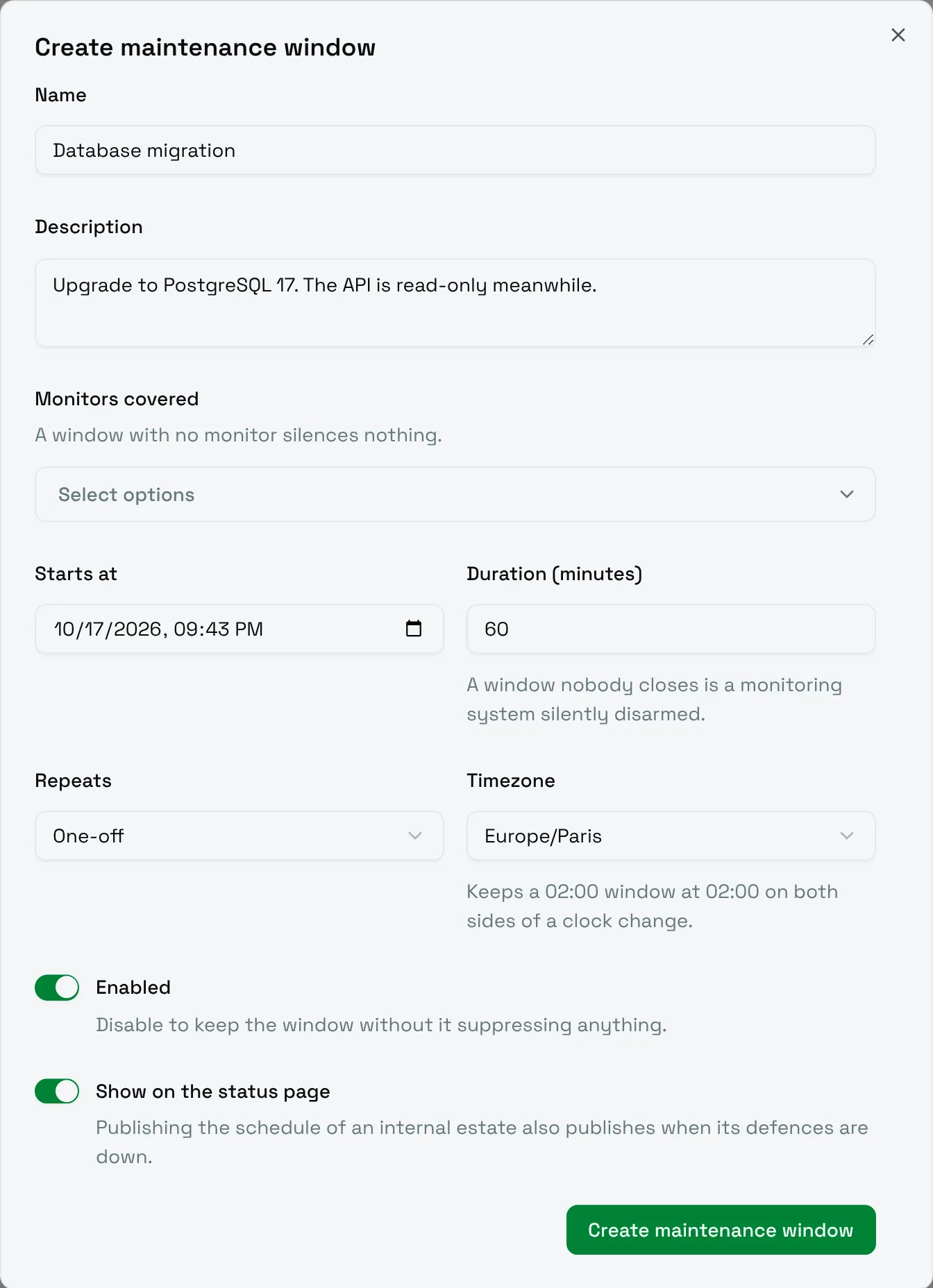 The Create maintenance window form