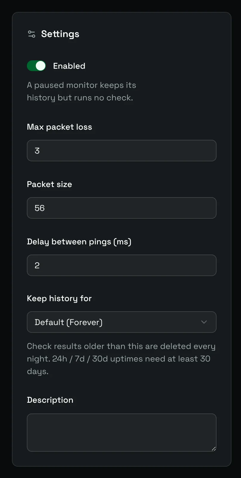 The Settings card of a Ping monitor