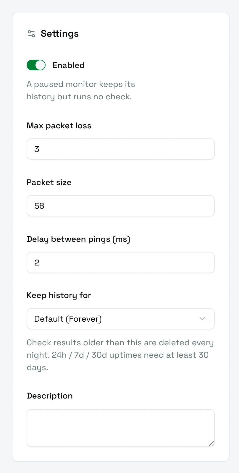 The Settings card of a Ping monitor