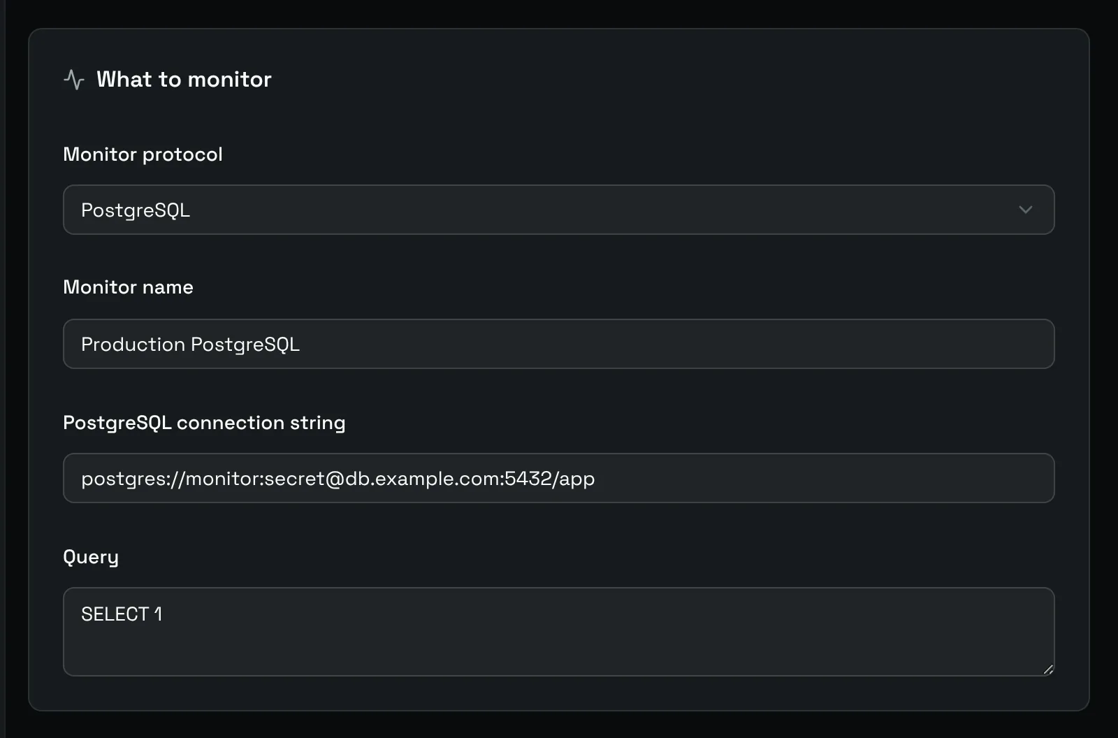 The What to monitor card of a PostgreSQL monitor