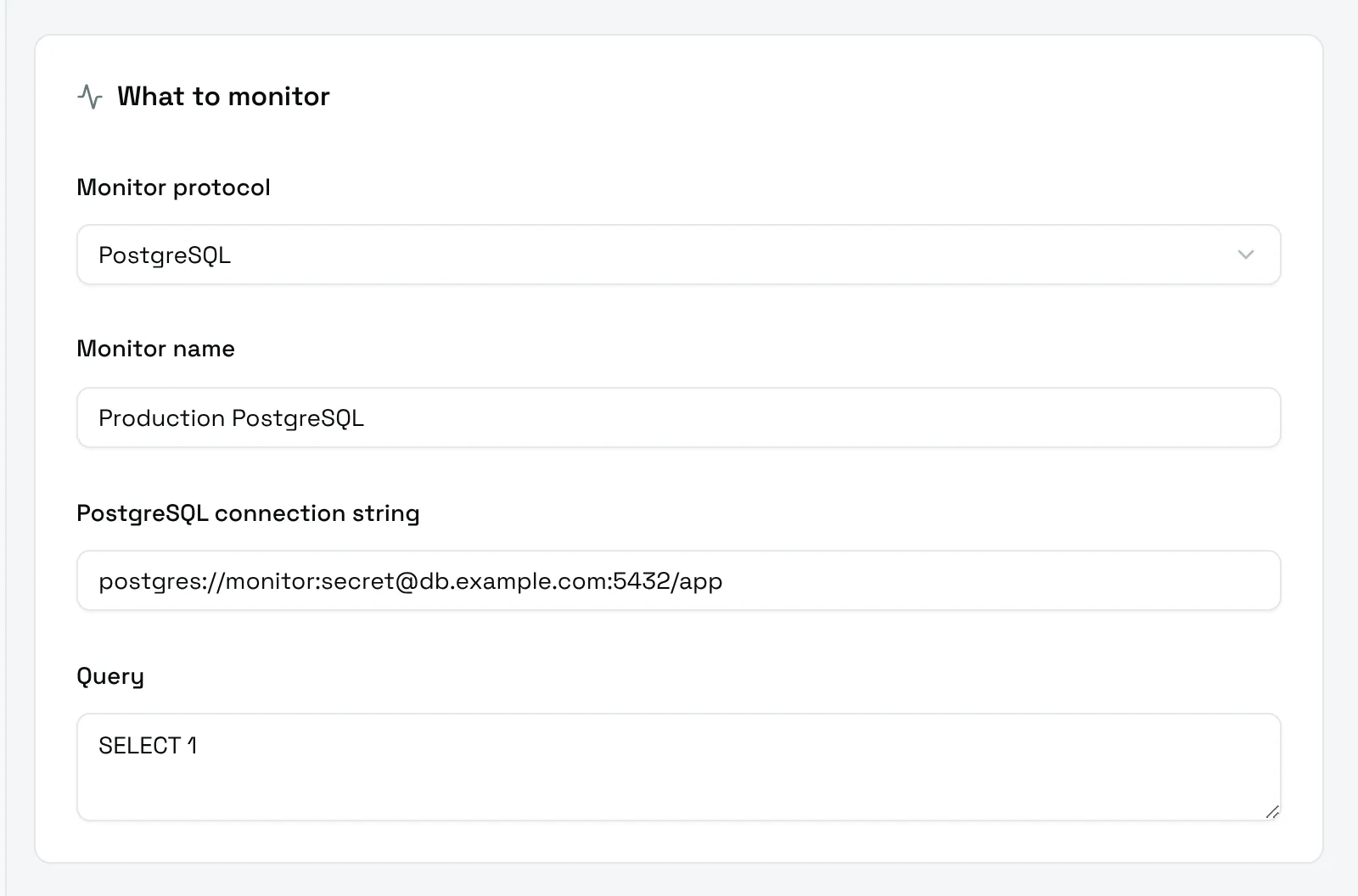 The What to monitor card of a PostgreSQL monitor