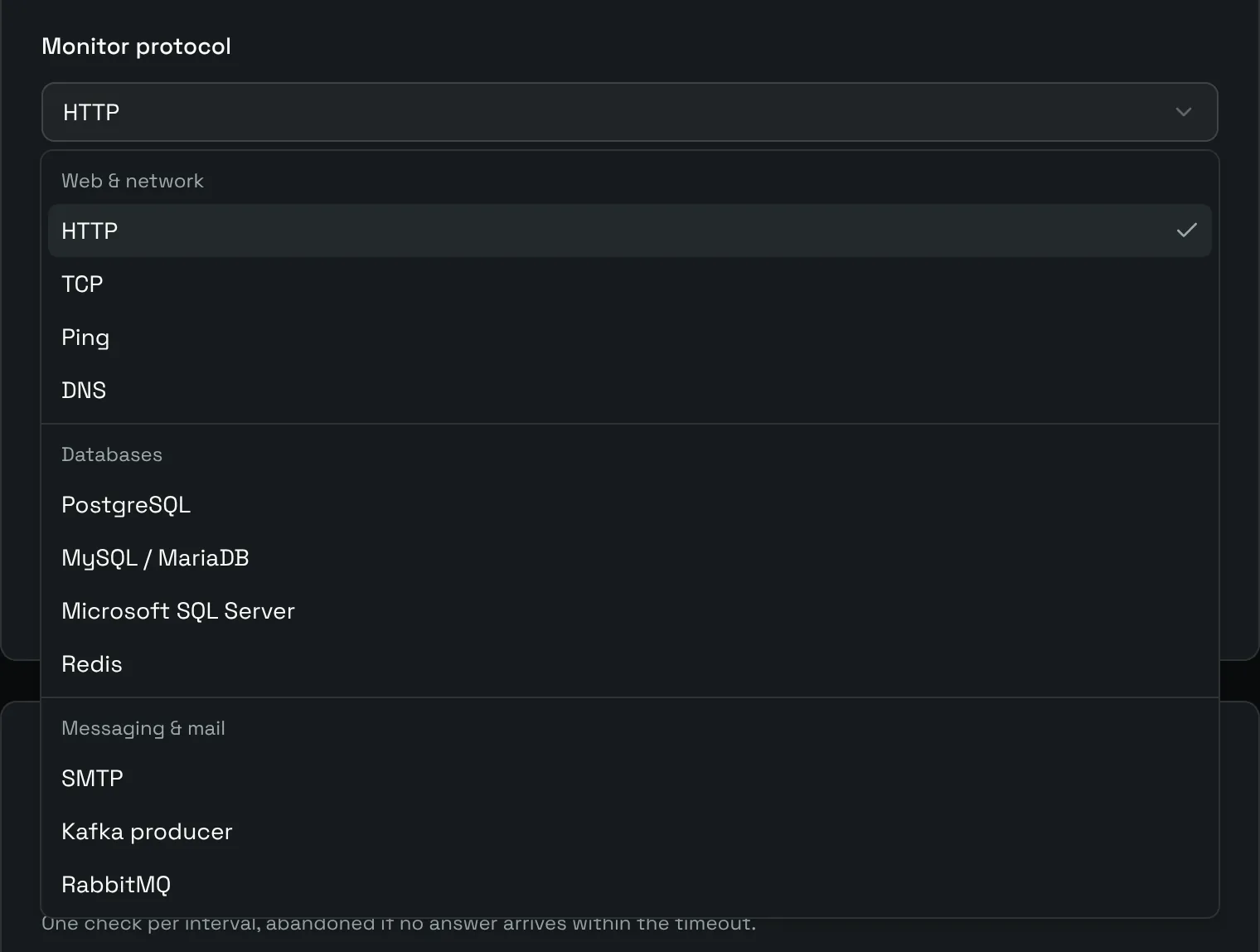 The Monitor protocol list: Web and network, Databases, Messaging and mail