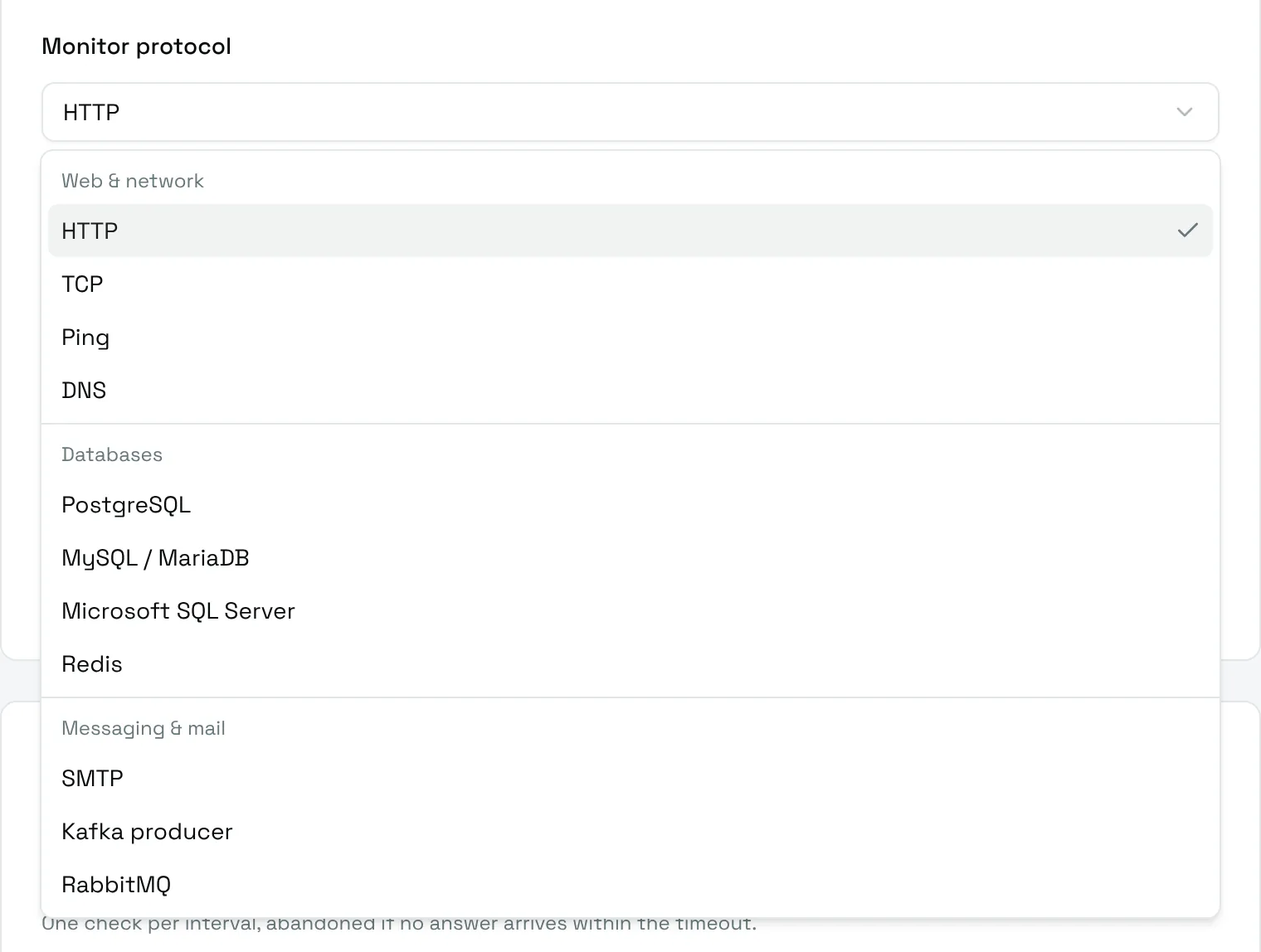 The Monitor protocol list: Web and network, Databases, Messaging and mail