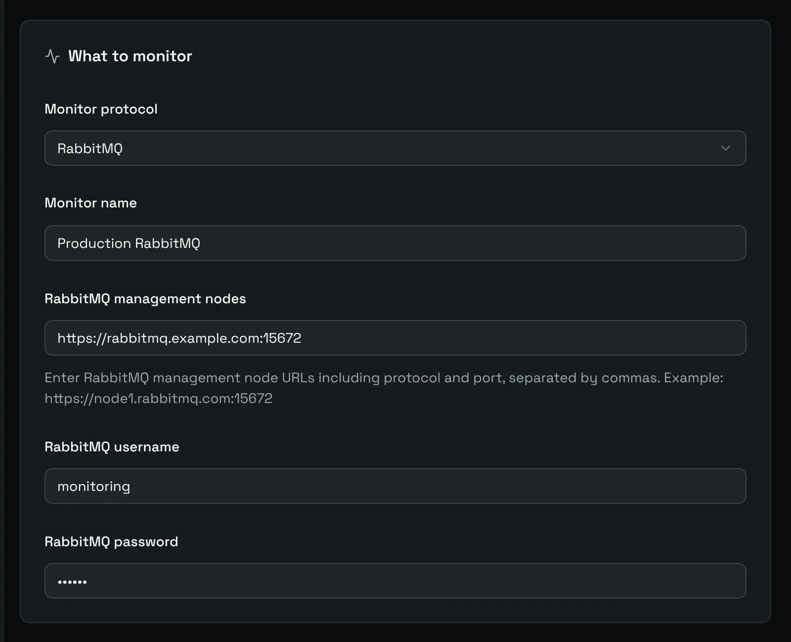 The What to monitor card of a RabbitMQ monitor