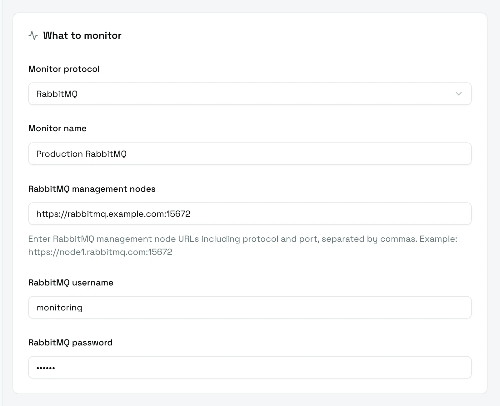 The What to monitor card of a RabbitMQ monitor