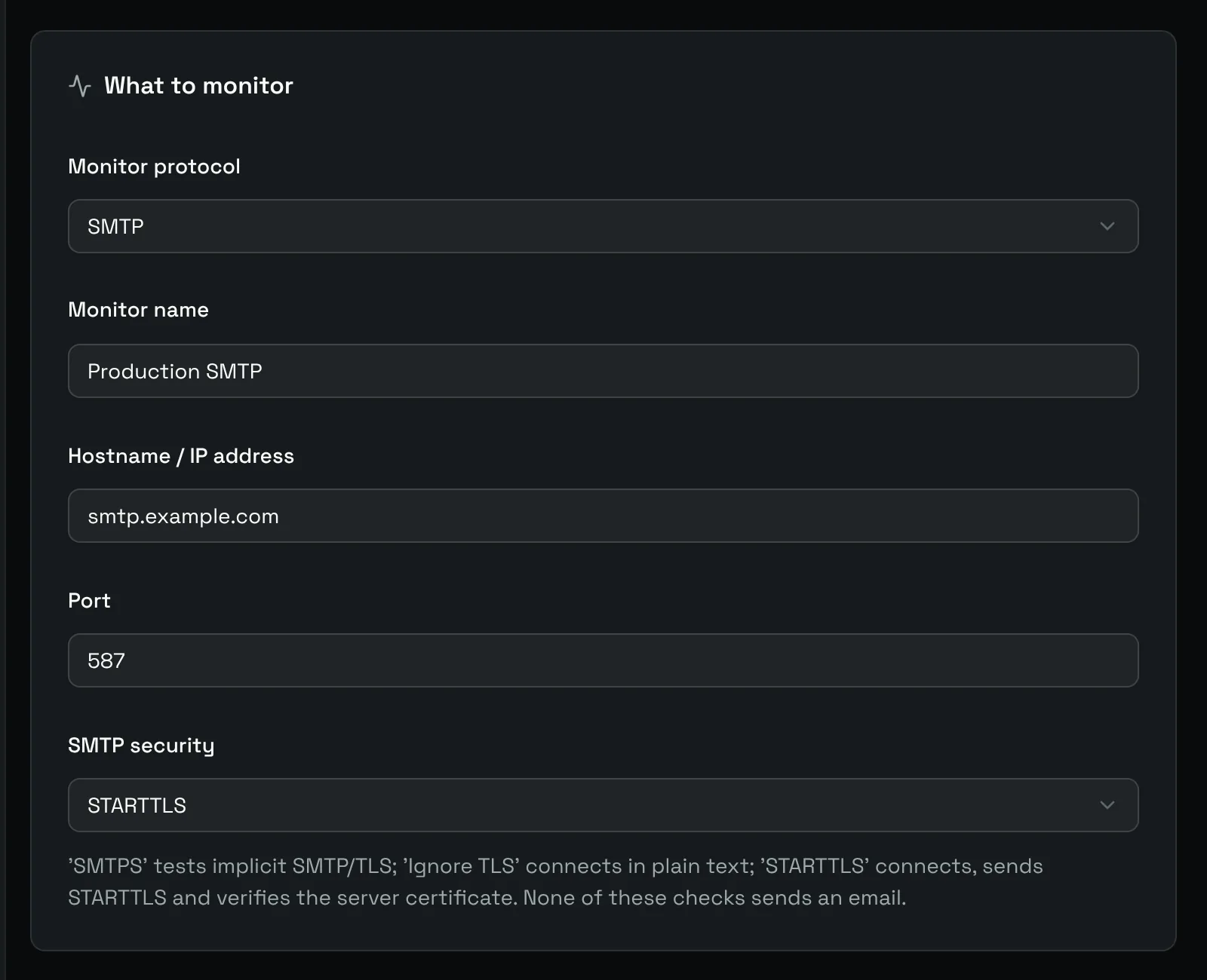 The What to monitor card of an SMTP monitor