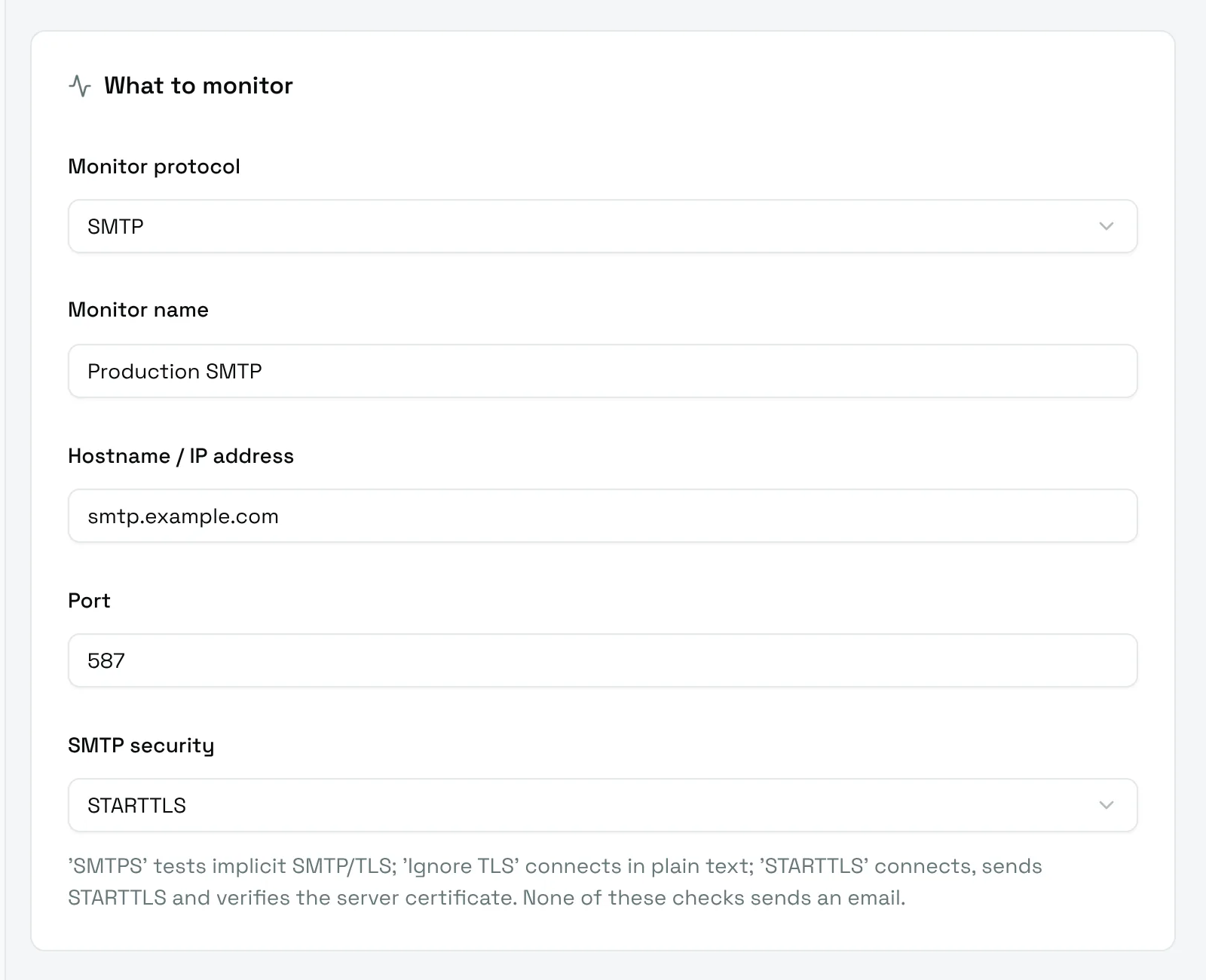 The What to monitor card of an SMTP monitor