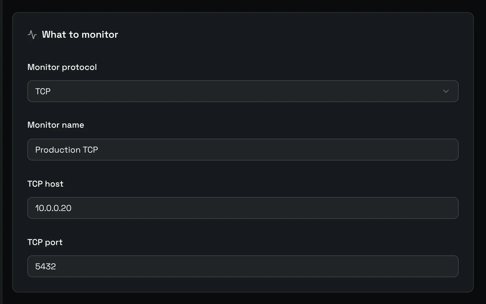 The What to monitor card of a TCP monitor