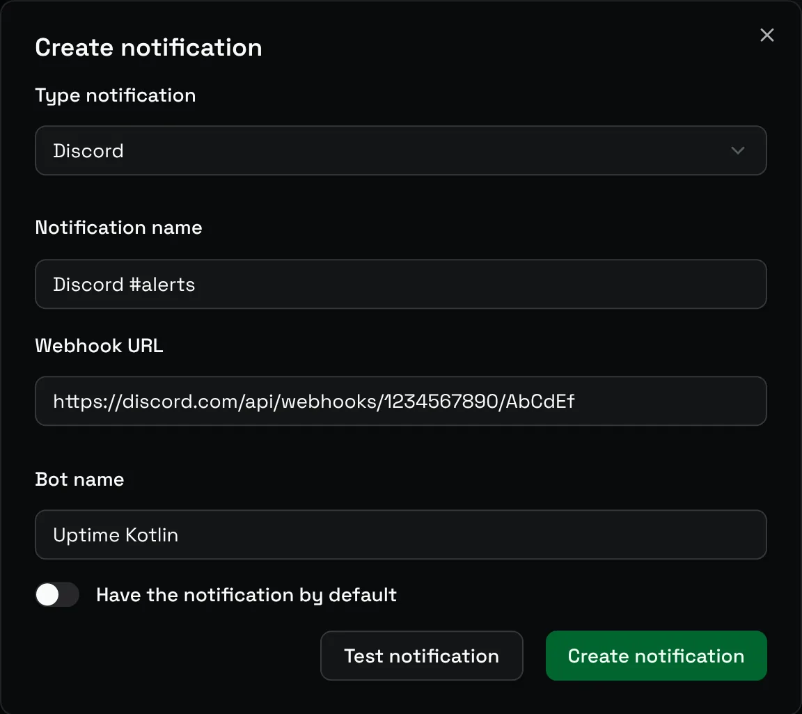 The Create notification form for Discord