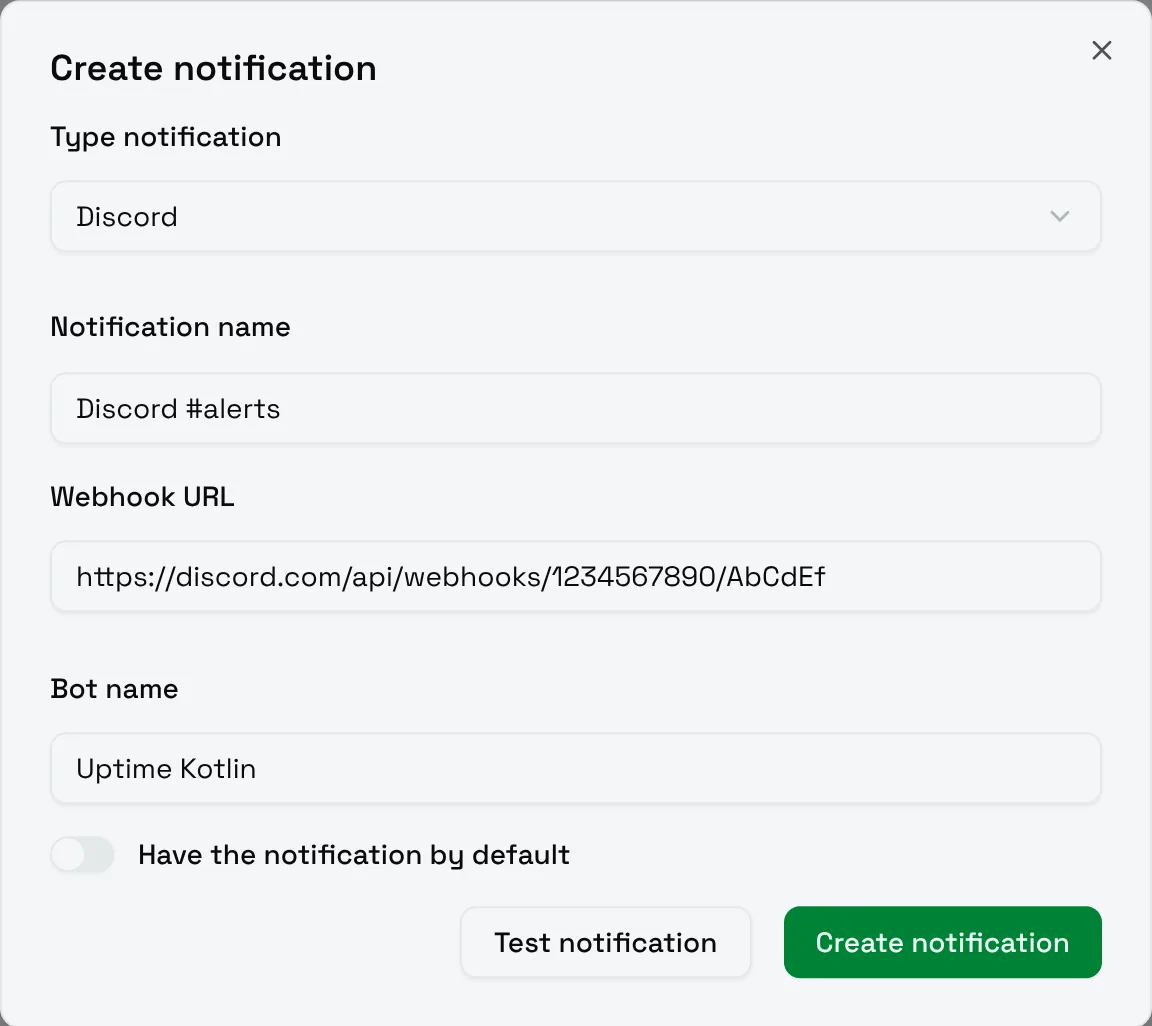 The Create notification form for Discord