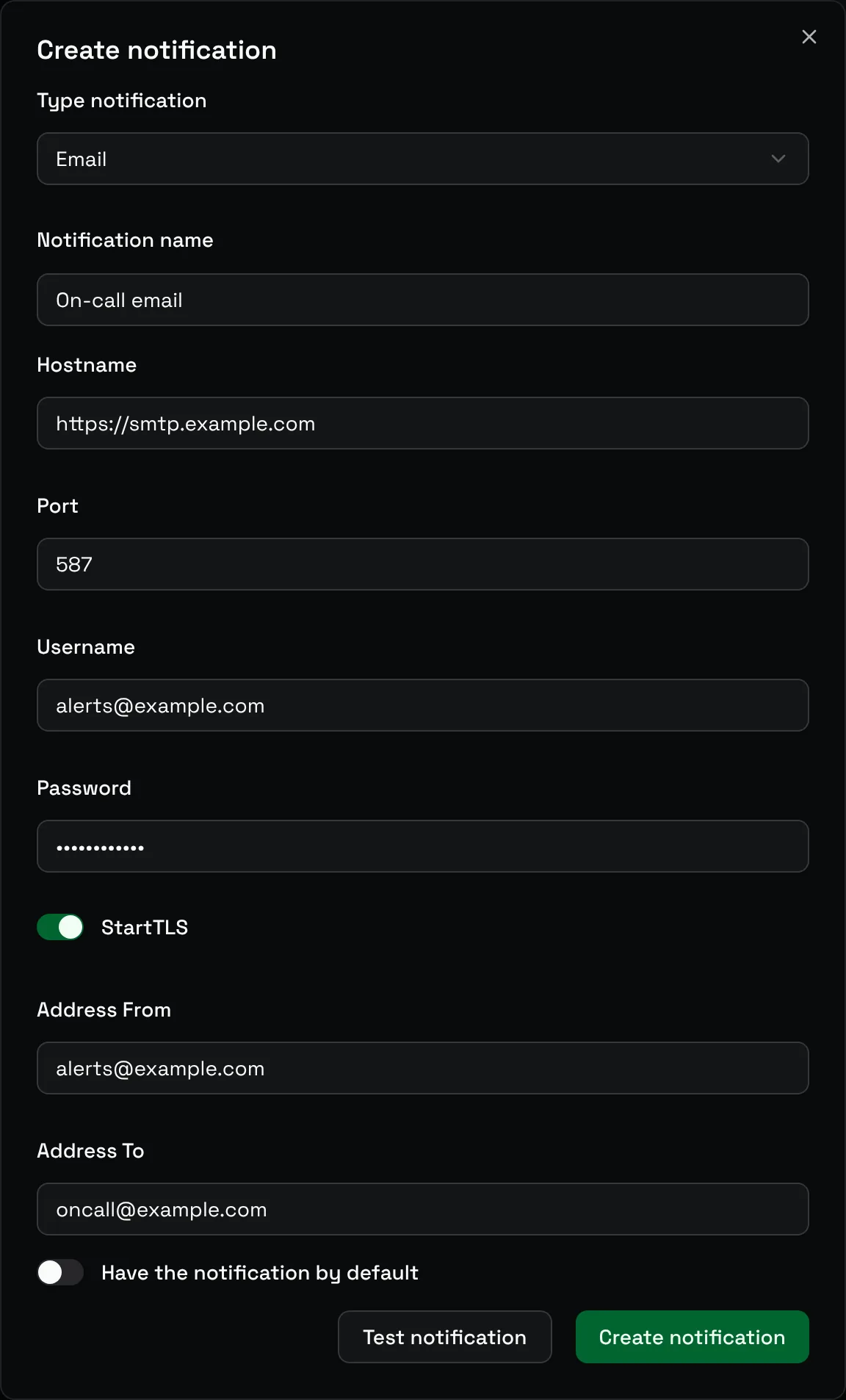 The Create notification form for Email