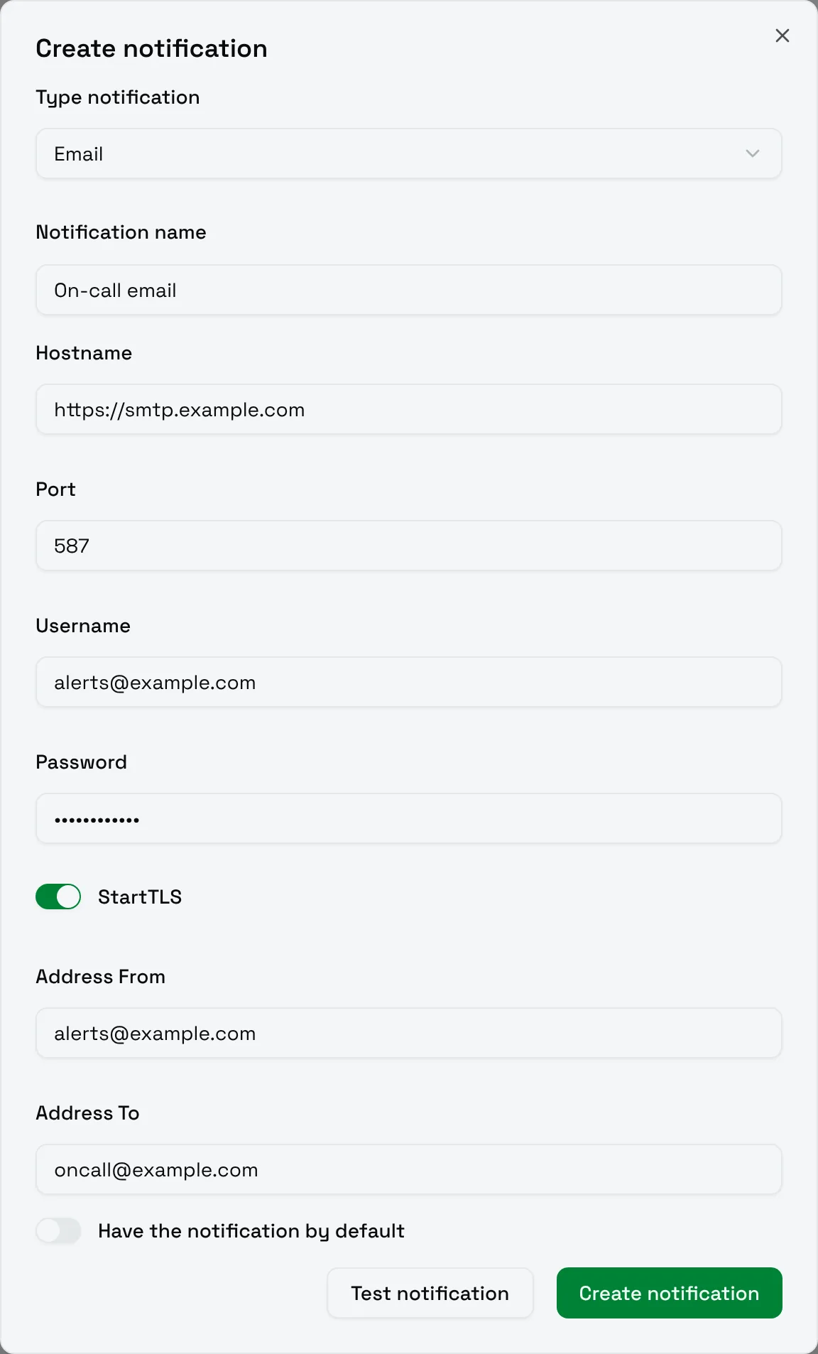 The Create notification form for Email