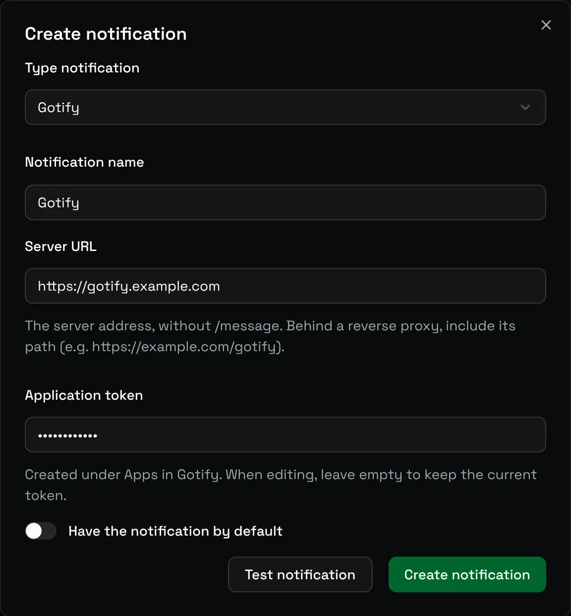 The Create notification form for Gotify