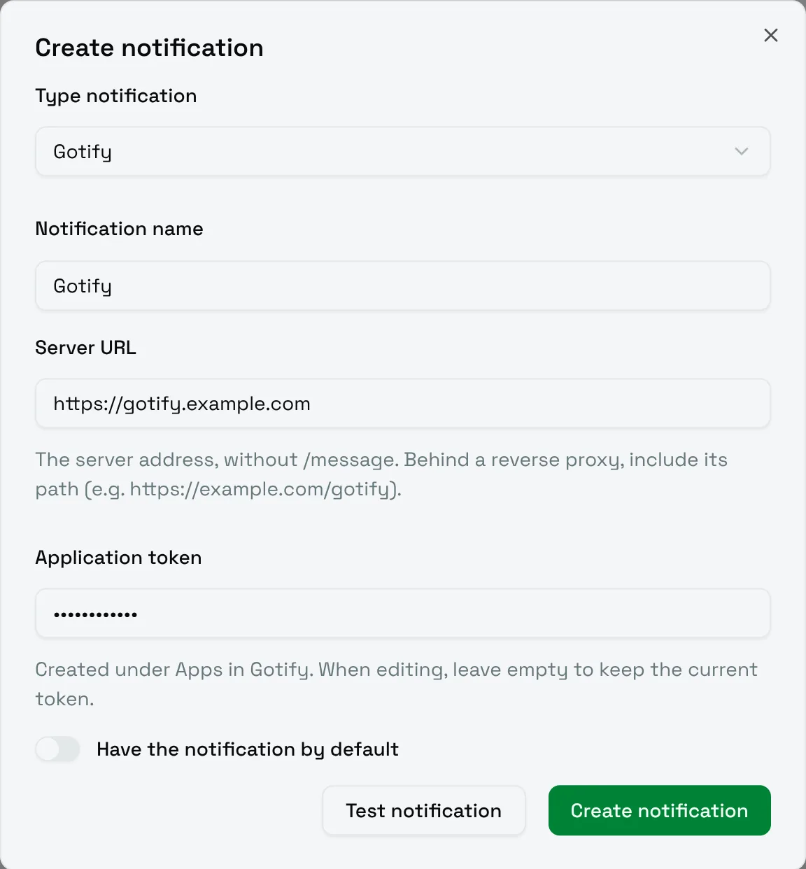 The Create notification form for Gotify