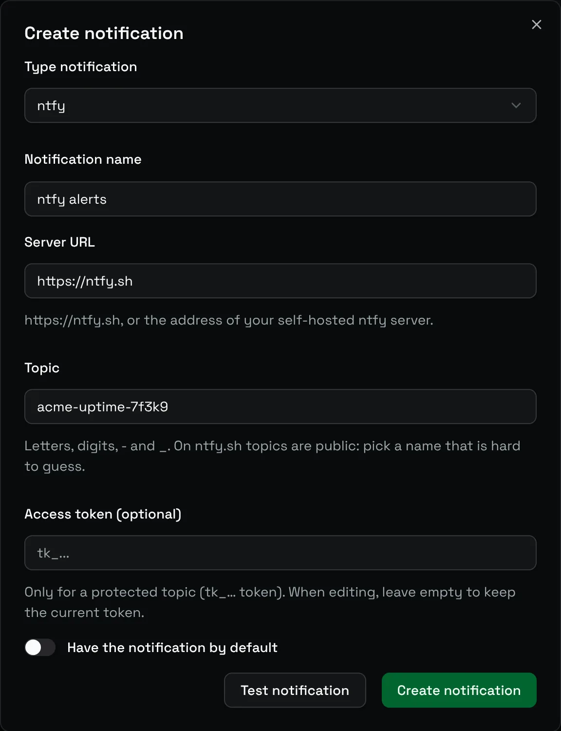 The Create notification form for ntfy