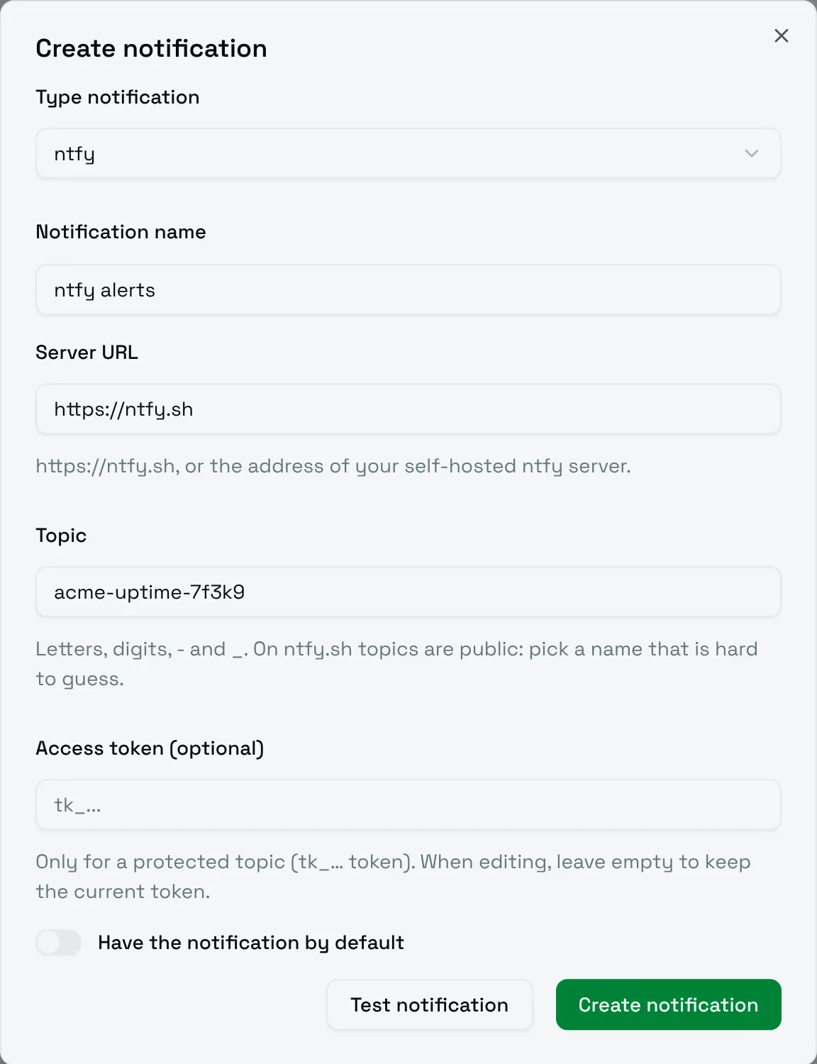 The Create notification form for ntfy
