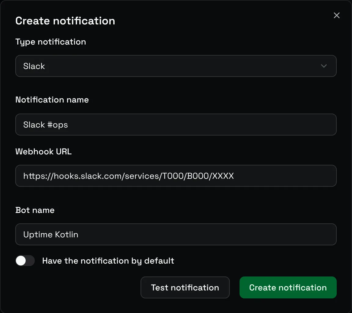 The Create notification form for Slack