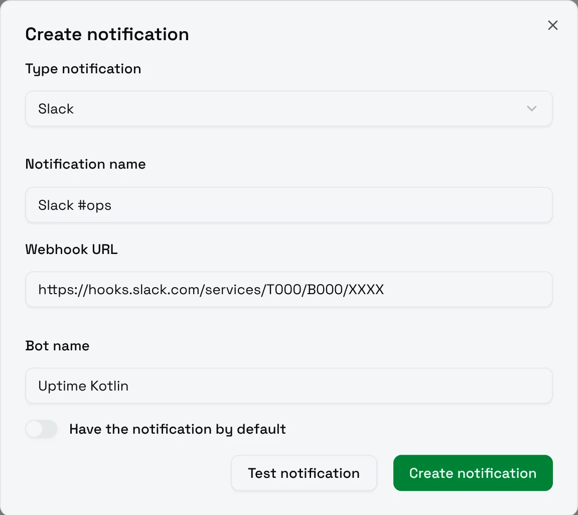 The Create notification form for Slack
