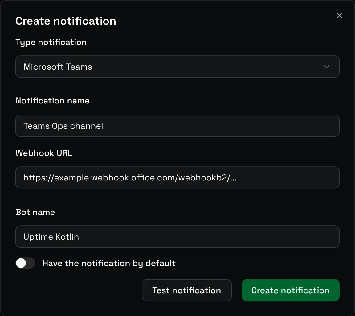The Create notification form for Microsoft Teams