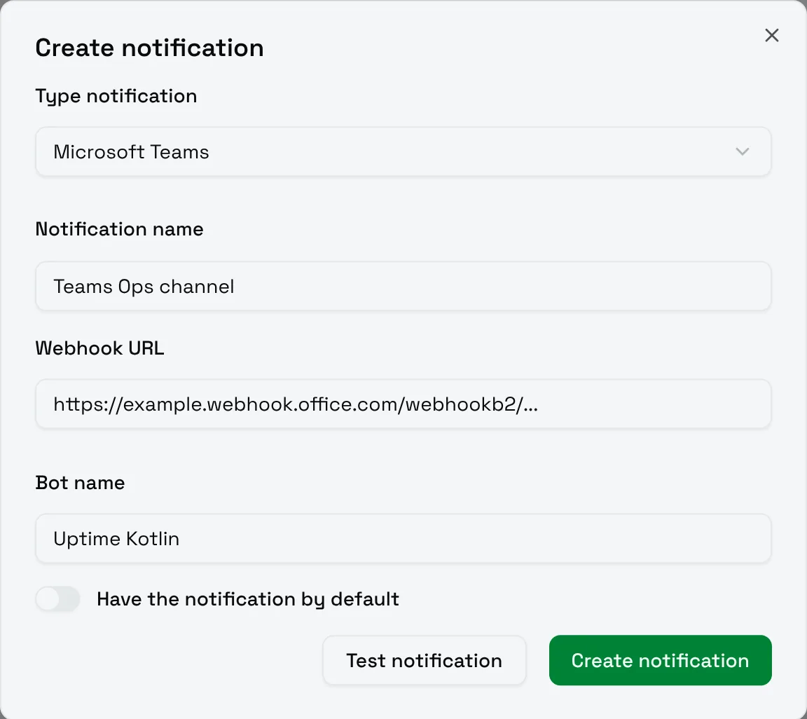 The Create notification form for Microsoft Teams