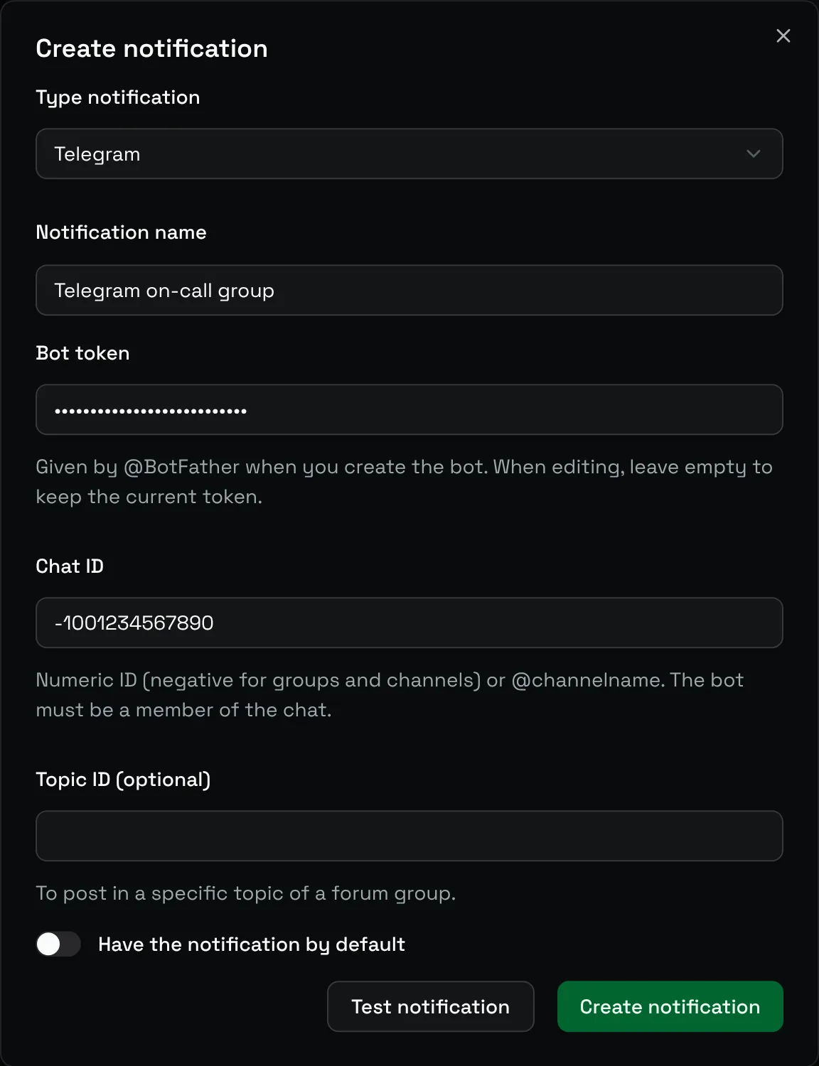 The Create notification form for Telegram