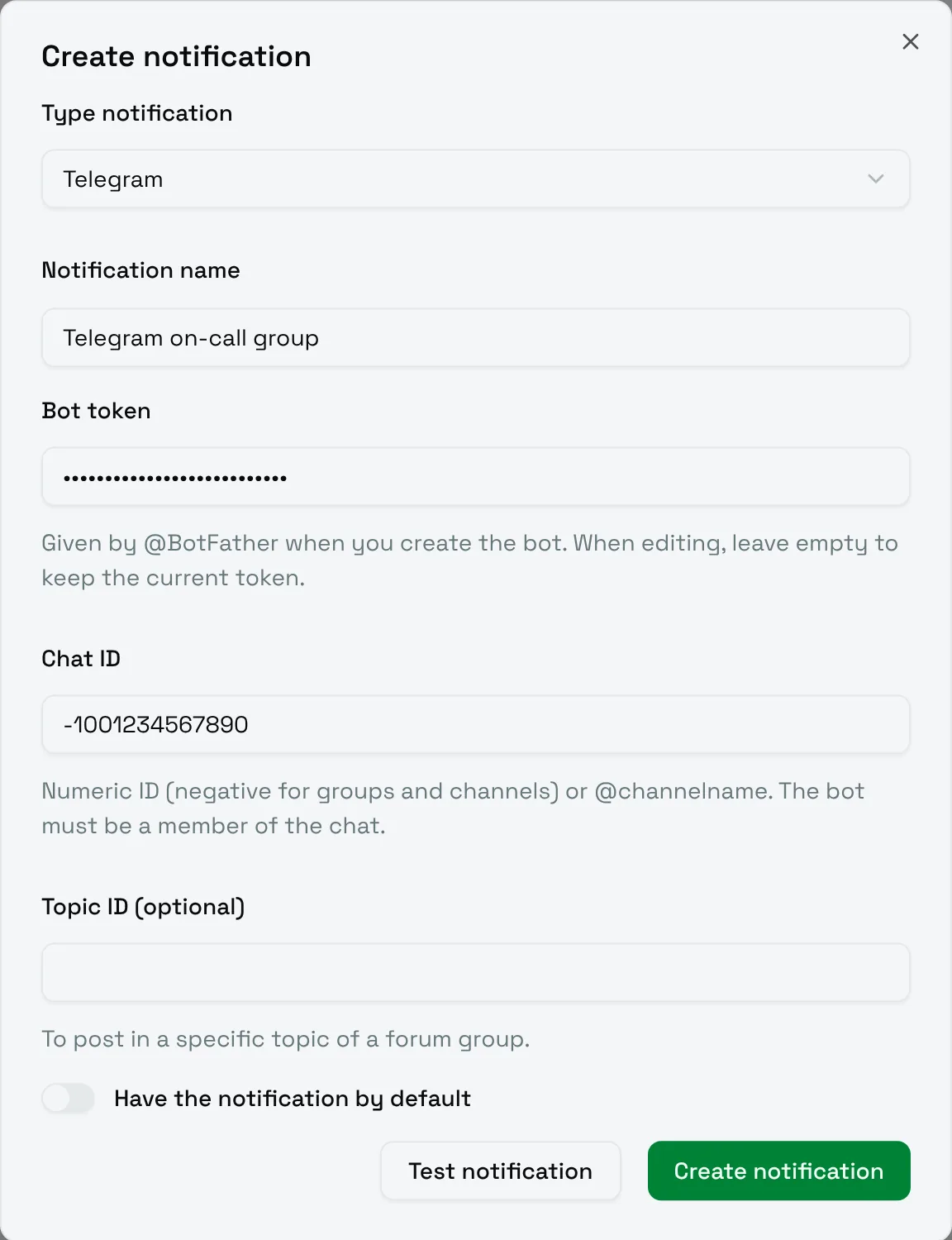 The Create notification form for Telegram