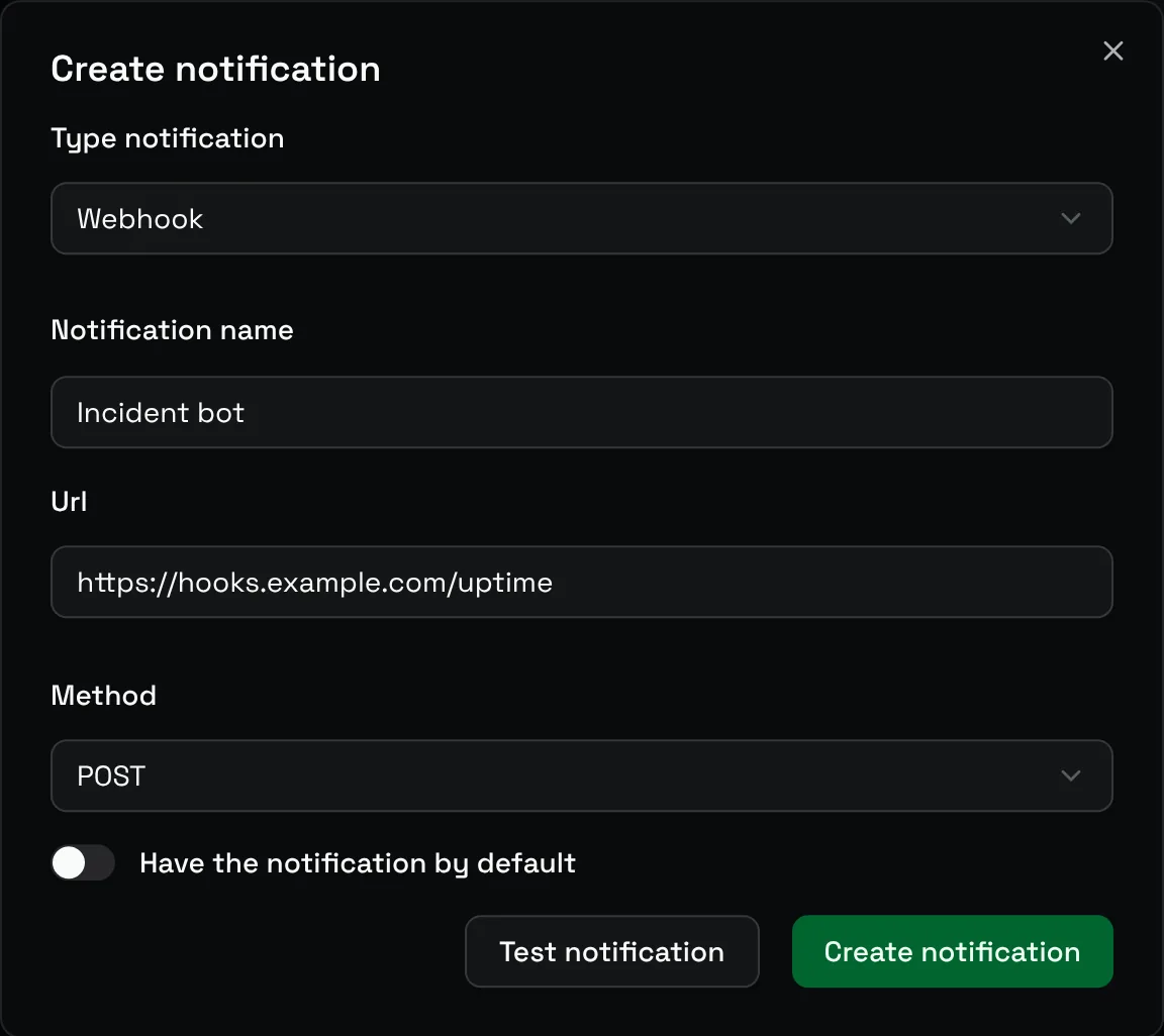 The Create notification form for a Webhook