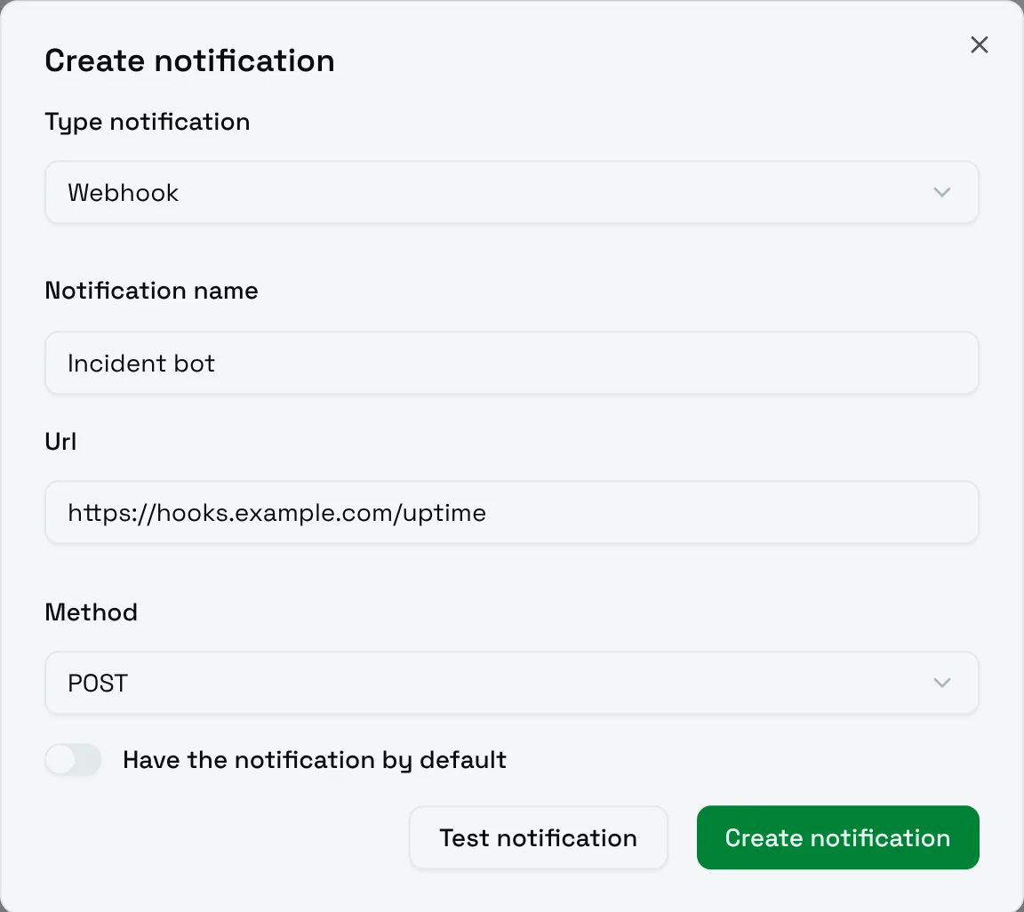 The Create notification form for a Webhook